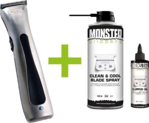 WAHL Beret Trimmer Brushed Chrome Pro-Lithium Accu en Monster Clippers Clean & Cool Blade Spray en oil