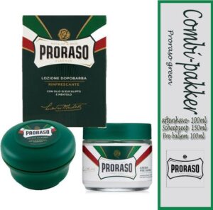 Proraso green pakket- Aftershave lotion, pre-shave crème en scheerzeep