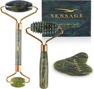 Sensage Jade roller met Gua Sha steen - Massage - 100% natuurlijk groene jade - Gezichtsroller - Face roller - Roller - Gezichtsmassage - Beauty set van 3