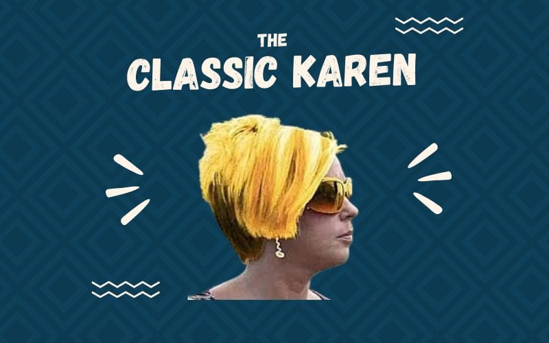 De klassieke Karen kapsel tegen blauwe vierkante achtergrond