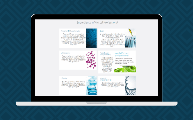 Viviscal ingrediënten weergegeven op een laptop zittend op een blauwe achtergrond met vierkantjes
