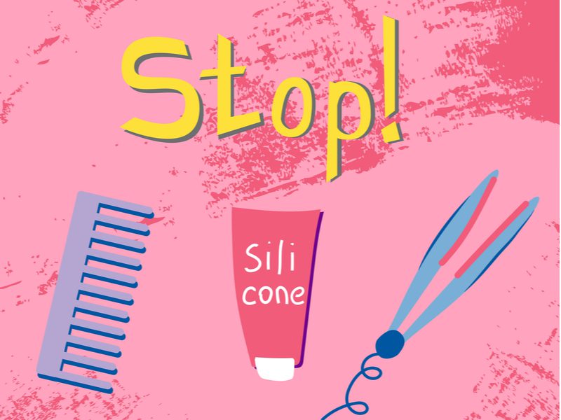 Grafische afbeelding van een artikel over de Krullend Meisje Methode met een roze achtergrond met de tekst Stop! en daaronder een stijltang, siliconen styling gel, en kam