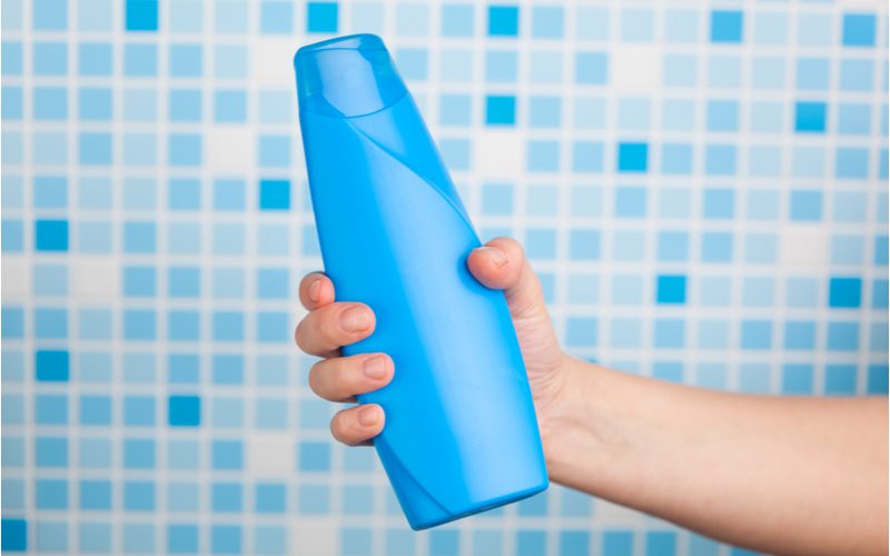 Hand die een fles blauwe shampoo vasthoudt voor een stuk met de titel What Is Blue Shampoo Used For?