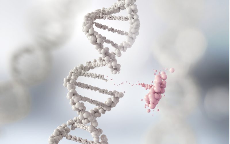 Om te helpen verklaren wat grijs haar veroorzaakt, een DNA helix met een stuk afgebroken in witte kleur met een wazige achtergrond