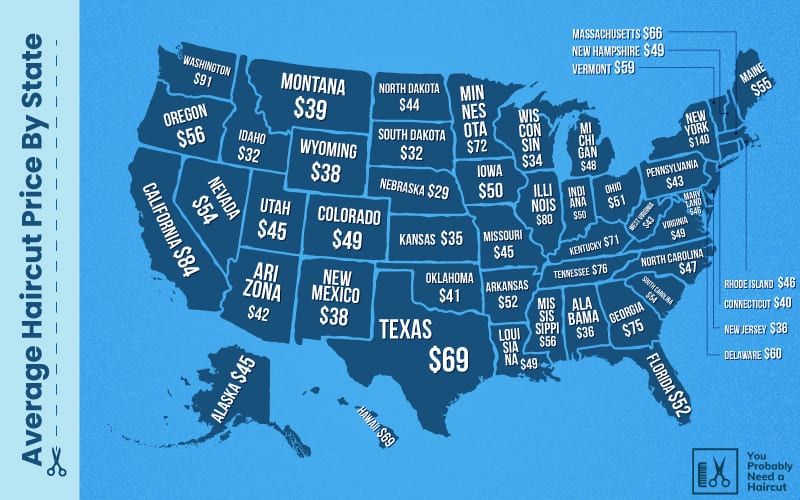 Om de vraag te beantwoorden hoeveel een knipbeurt kost, een grafische versie van de VS met een afbeelding van de gemiddelde prijs van een knipbeurt in elke staat van de VS