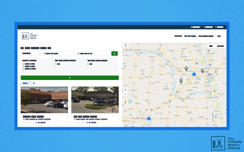 Tegen een blauwe achtergrond zit de tool You Probably Need a Haircut salon locator