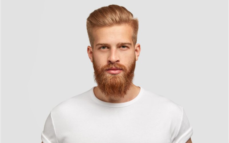 Pushed-Back Pompadour Fade (een populair mannenkapsel) op een man in een wit T-shirt met een baard.