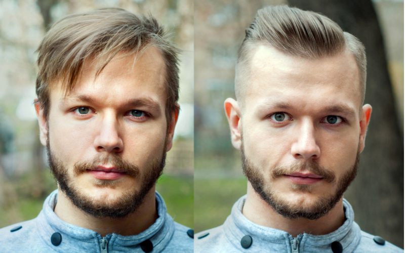 Voor en na beeld van een man met een slordige crew cut links en een pompadour low fade rechts.