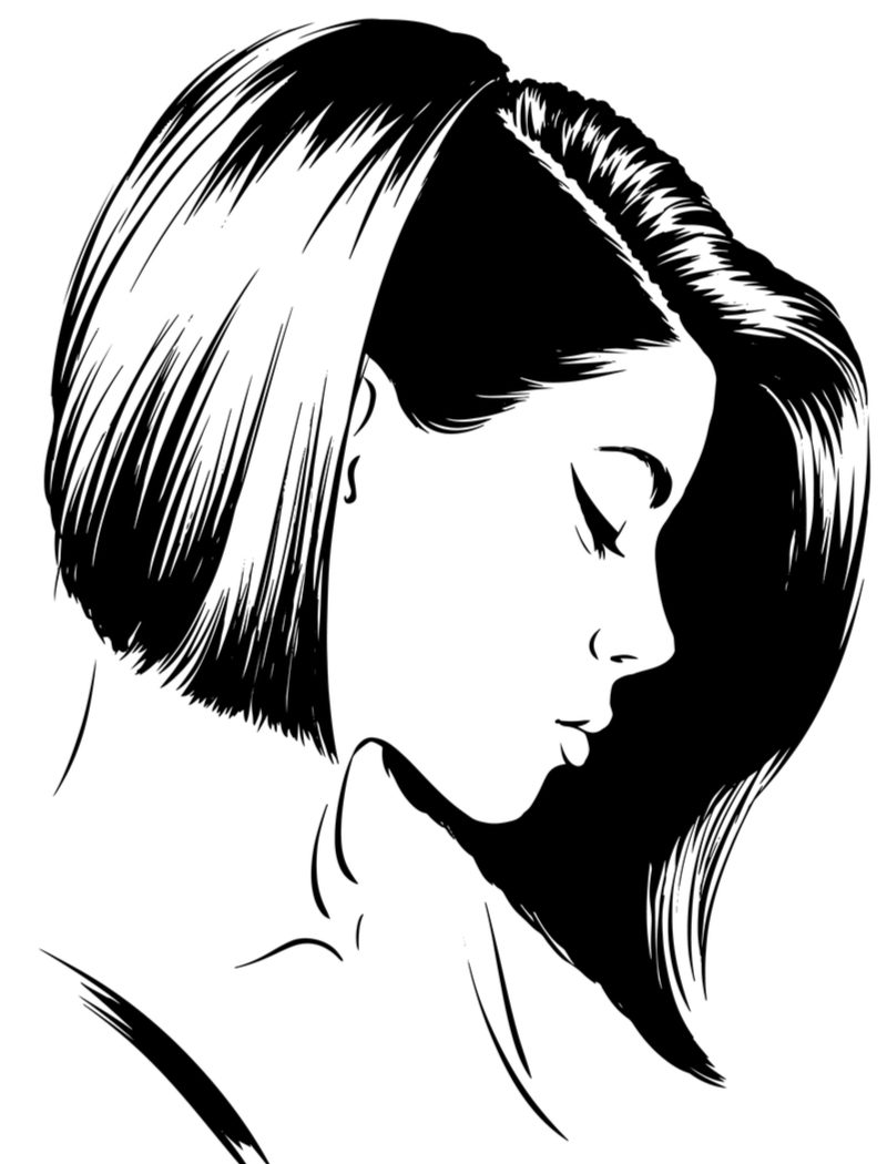 Zwart-wit schets van een vrouw met een undercut bob die naar beneden en naar links kijkt.