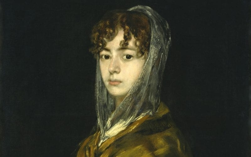 Schilderij van een vrouw met een standaard 1800s kapsel houdt haar handen bij elkaar