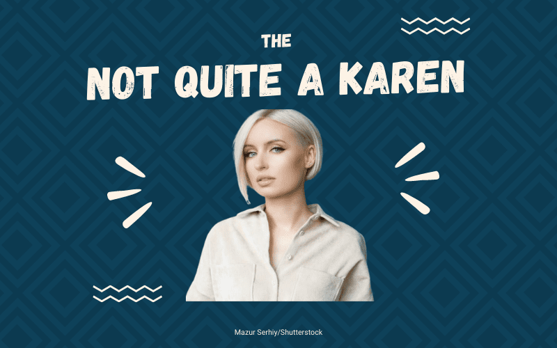 Het niet helemaal Karen kapsel tegen blauwe vierkante achtergrond