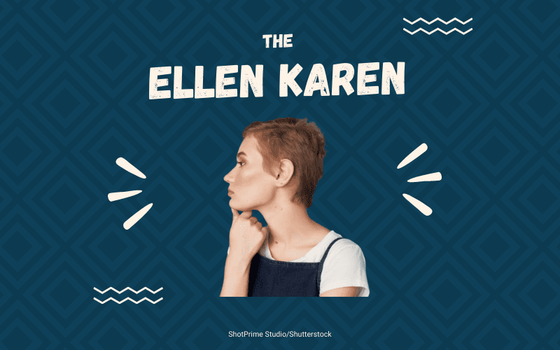 De Ellen Karen kapsel tegen blauwe vierkante achtergrond