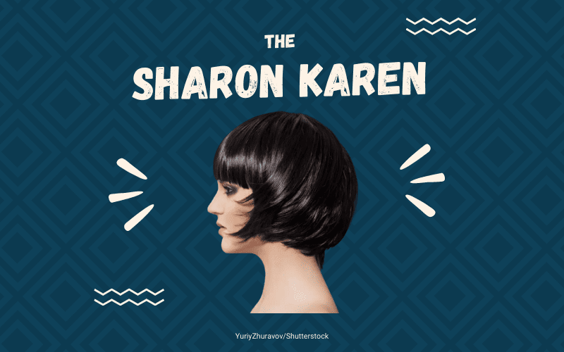 Het kapsel van Sharon Karen tegen blauwe vierkante achtergrond