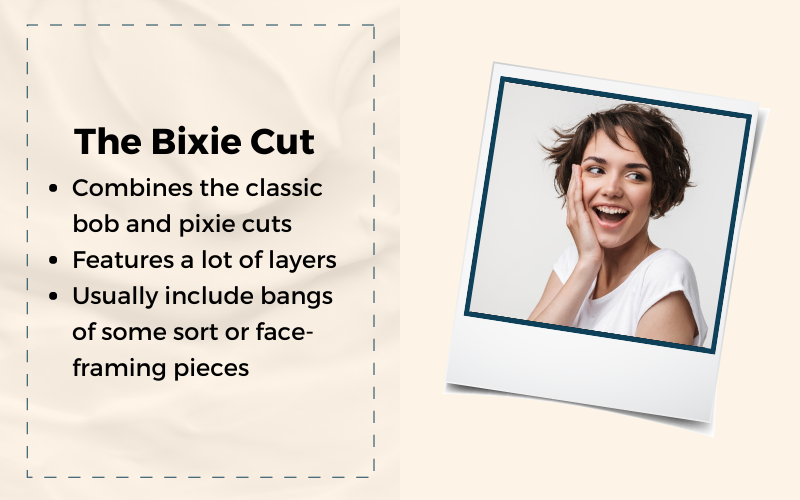 Afbeelding met de titel The Bixie Cut die de belangrijkste kenmerken van deze stijl benadrukt en een voorbeeld aan de rechterkant