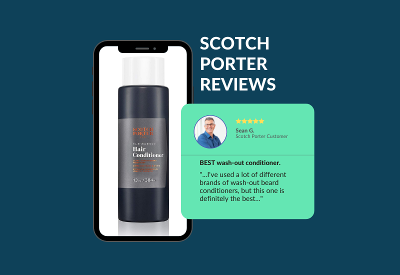 Voor een stuk over Scotch Porter beoordelingen, een telefoon met een fles van het product zit naast een grafische versie van een echte gebruiker beoordeling
