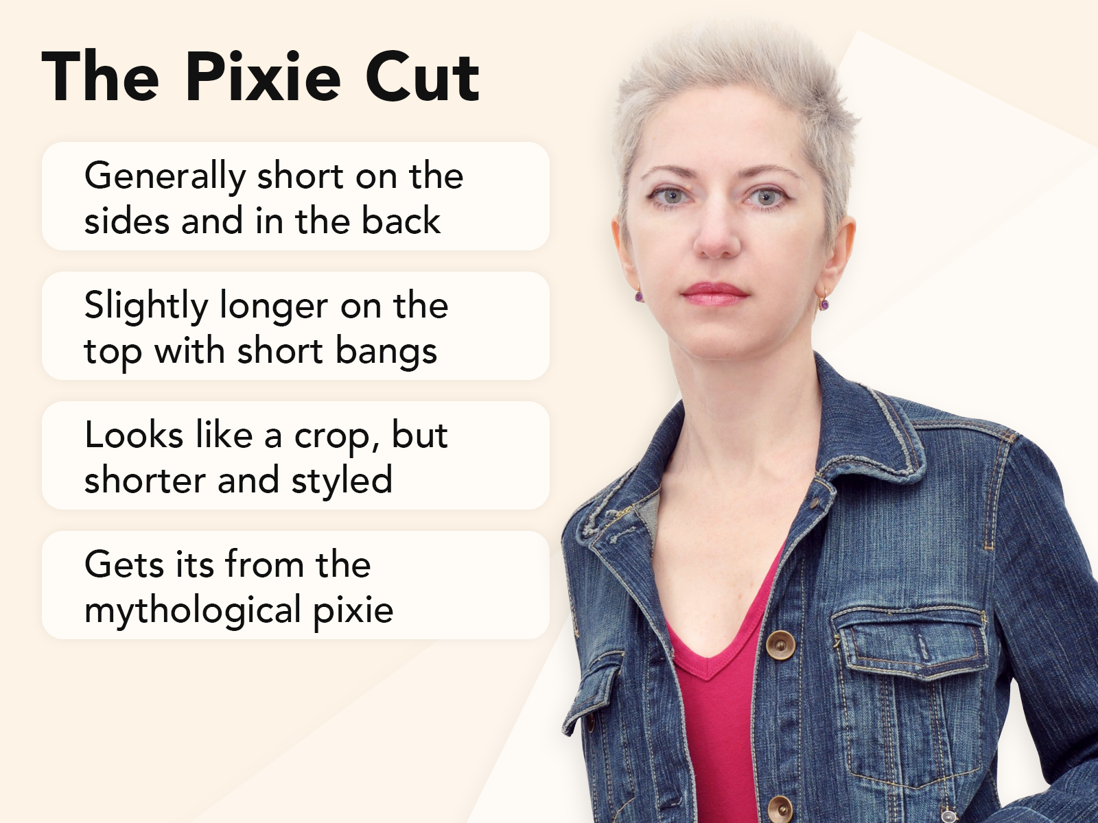 Pixie cut uitlegbeeld met belangrijkste kenmerken en een voorbeeld op een bruine achtergrond