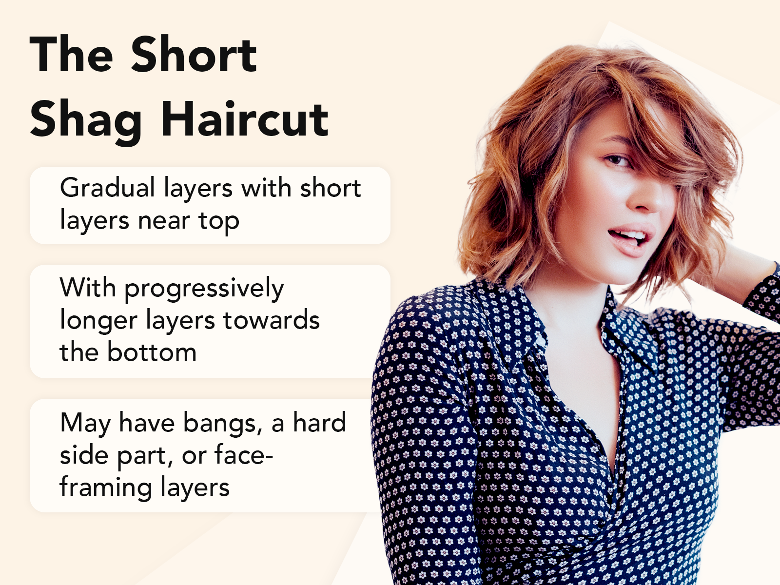 Short Shag Haircut uitleg beeld op een tan achtergrond