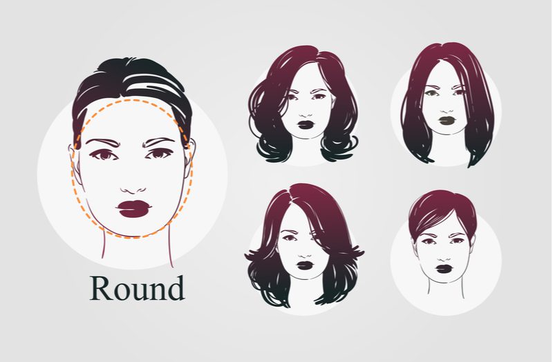 Voor een stuk over kapsels voor vrouwen met een rond gezicht, een grafiek met verschillende stijlen op een vrouw met een rond gezicht.