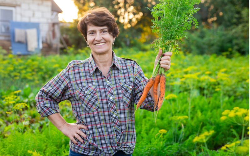 Quiff Pixie Cut op een tuinman met wortels voor het groen.