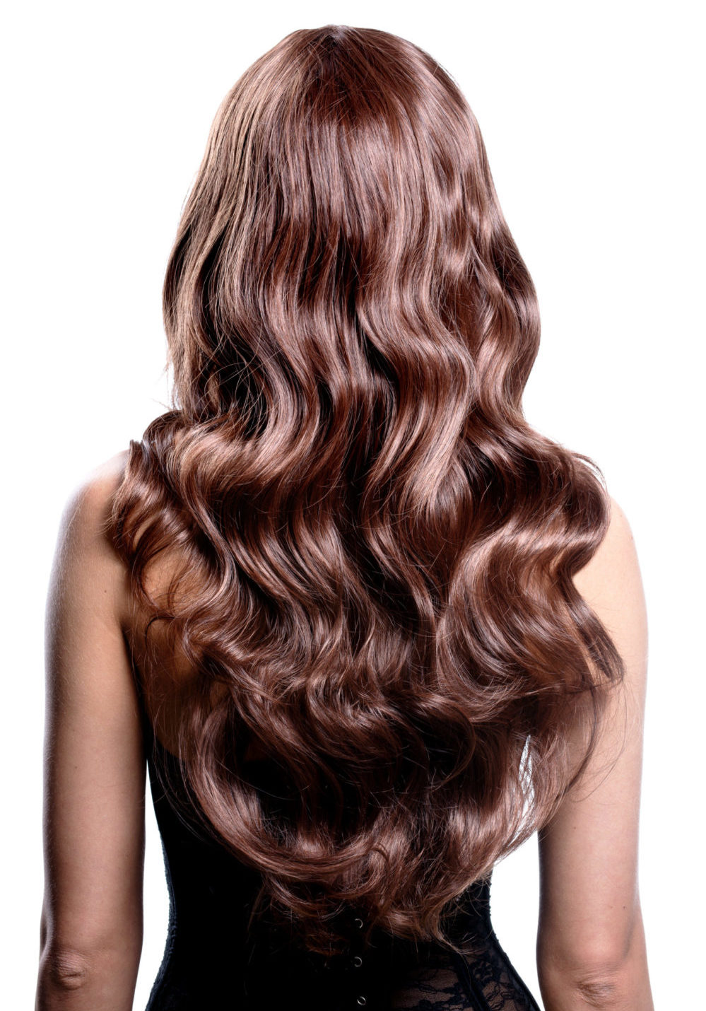 Briljant Mahonie Roodbruin Haarkleur op een dun bleek model in een studio