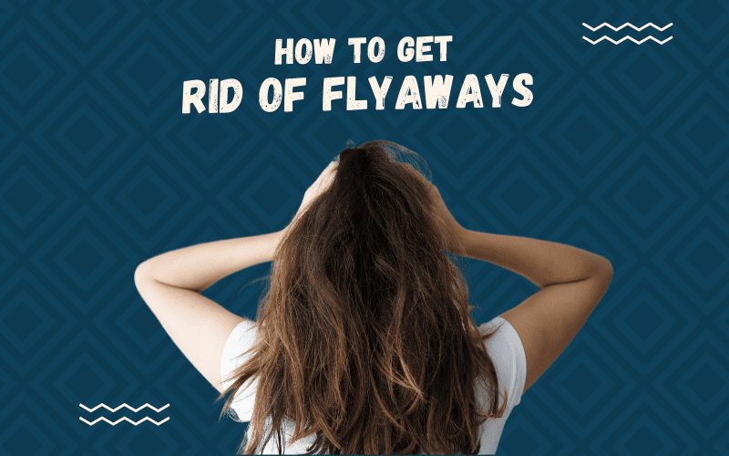 Afbeelding getiteld How to Get Rid of Flyaways met een vrouw met veel flyaways die haar hoofd in pijn vasthoudt tegen een blauwe achtergrond.