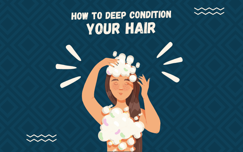 Afbeelding getiteld How to Deep Condition Your Hair met een foto van een vrouw die een dergelijke handeling verricht tegen een blauwe achtergrond.