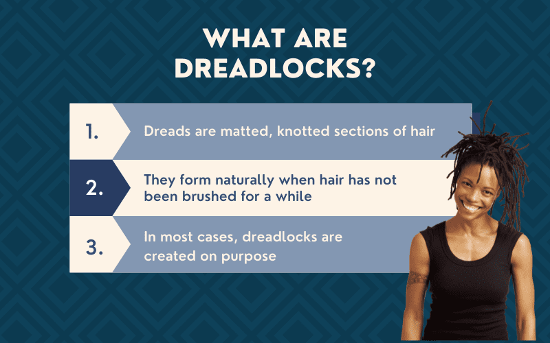 What Are Dreadlocks graphic met drie hoofdpunten over dreads die naast een vrouw met dit kapsel zweven