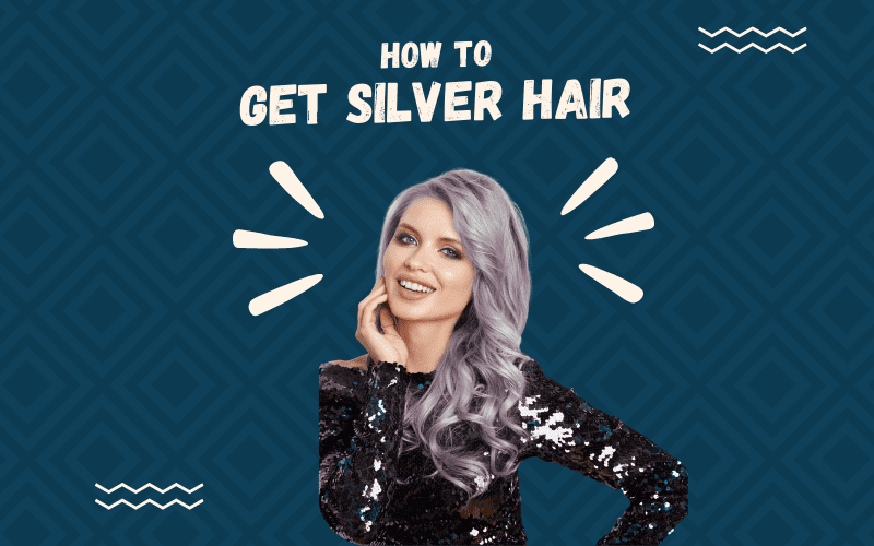 Afbeelding getiteld How to Get Silver Hair met een uitsnede van een vrouw met een dergelijke stijl op een blauwe vierkante achtergrond met textuur.