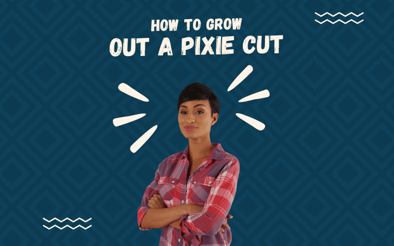 Afbeelding getiteld how to grow out a pixie cut featuring een vrouw in zwart-wit zittend op de grond met haar armen op haar schoot tegen een blauwe achtergrond