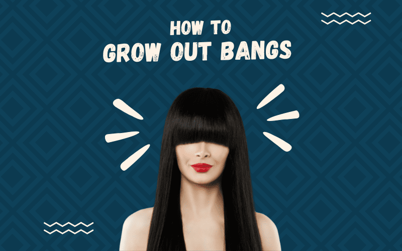 Afbeelding met de titel How to Grow Out Bangs op een blauwe achtergrond met een vrouw met een dergelijke stijl in het midden van twee crème cartoon uitroeptekens