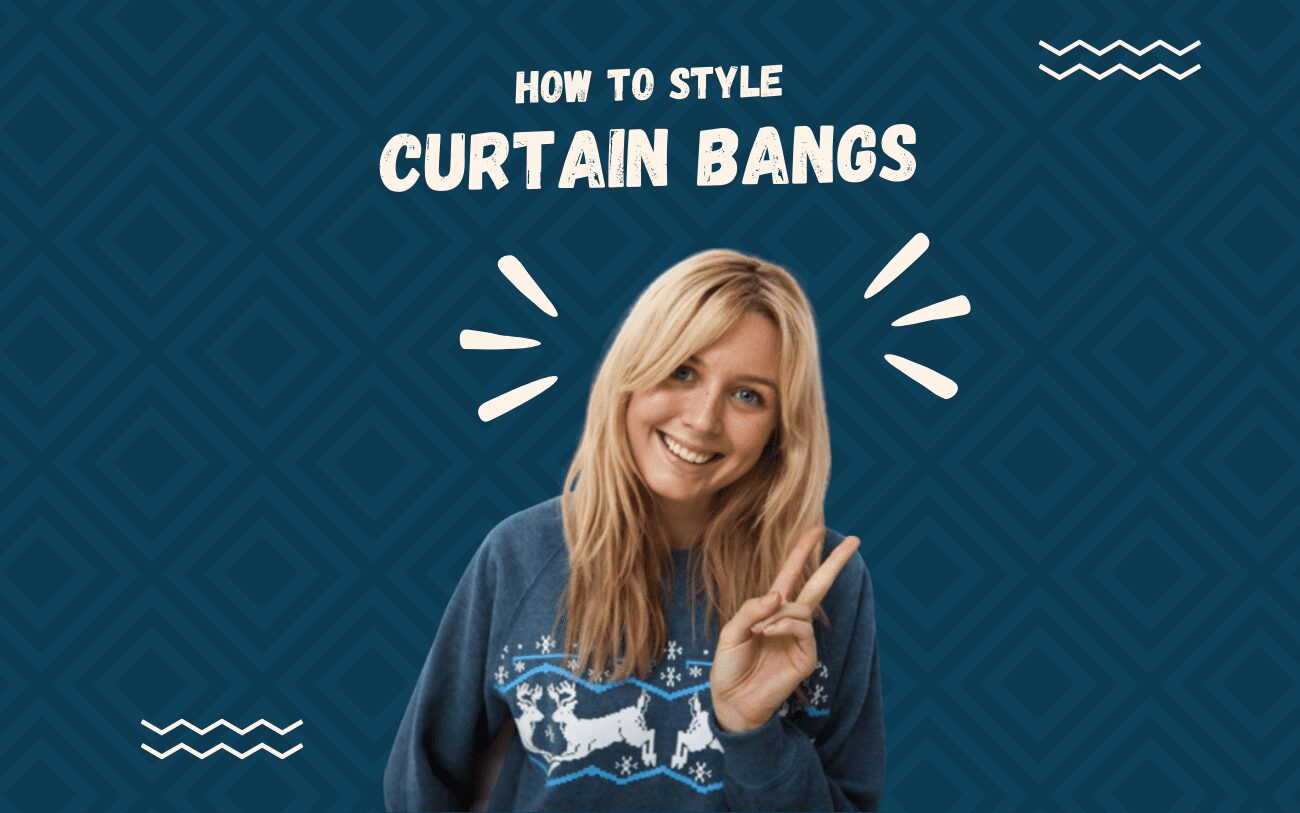 Afbeelding getiteld How to Style Curtain Bangs met een blauwe vierkante achtergrond