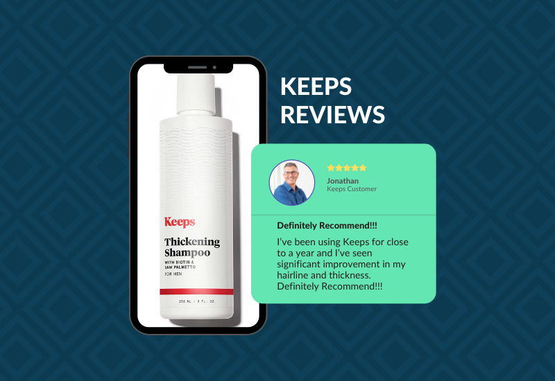Voor een stuk over Keeps reviews, zit een telefoon met een flesje van het product naast een grafische versie van een echte gebruikersreview