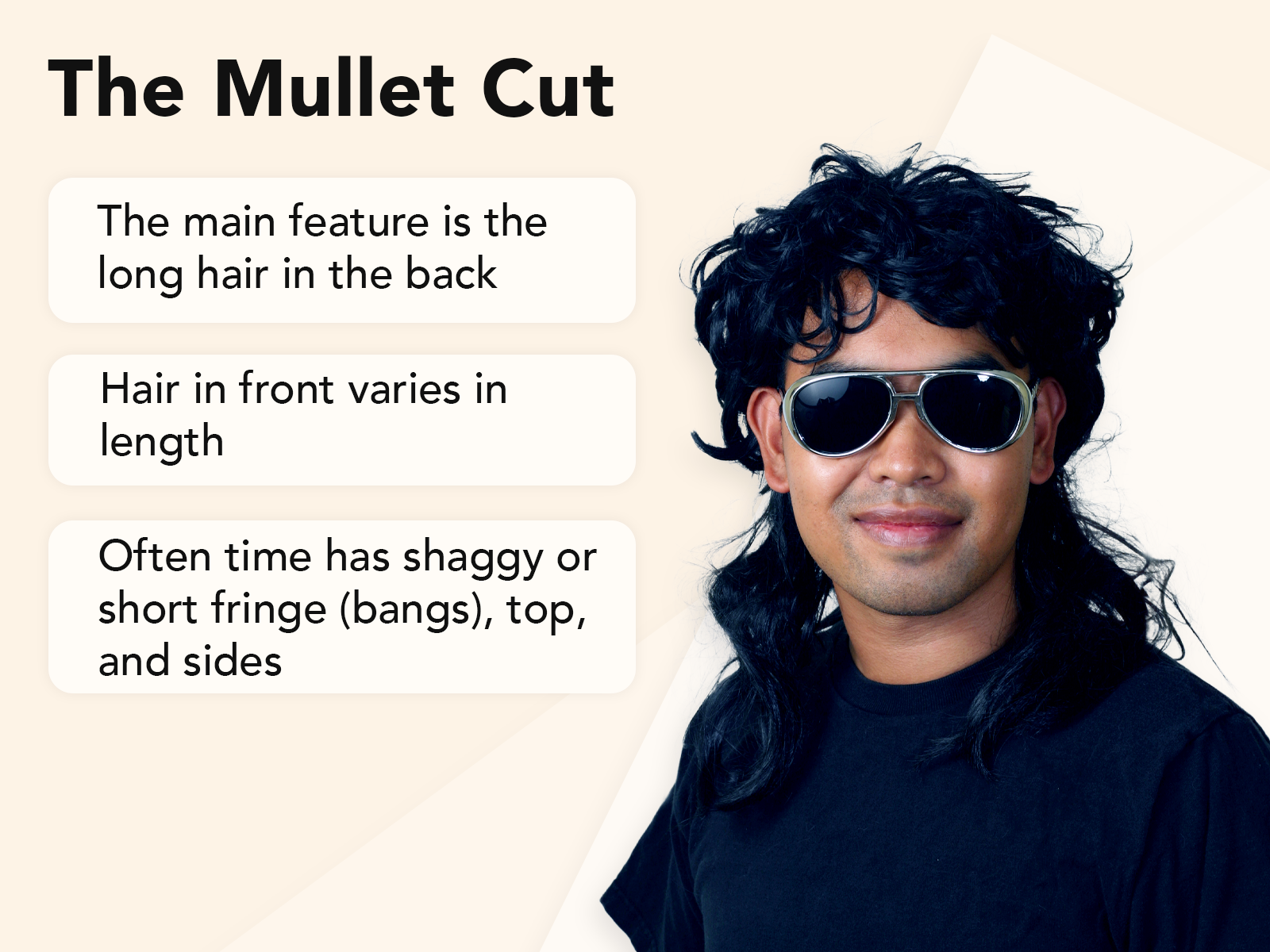Tan afbeelding met een uitleg van wat het Mullet Kapsel is met een man in een zonnebril en een zwart shirt aan de zijkant.