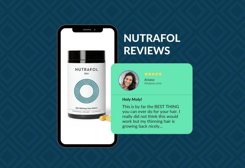 Voor een stuk over Nutrafol reviews staat een telefoon met een flesje van het product naast een grafische versie van een echte gebruikersreview
