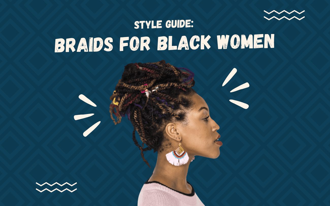 Afbeelding getiteld Braids for Black Woman met een vrouw met deze stijl op een blauwe achtergrond