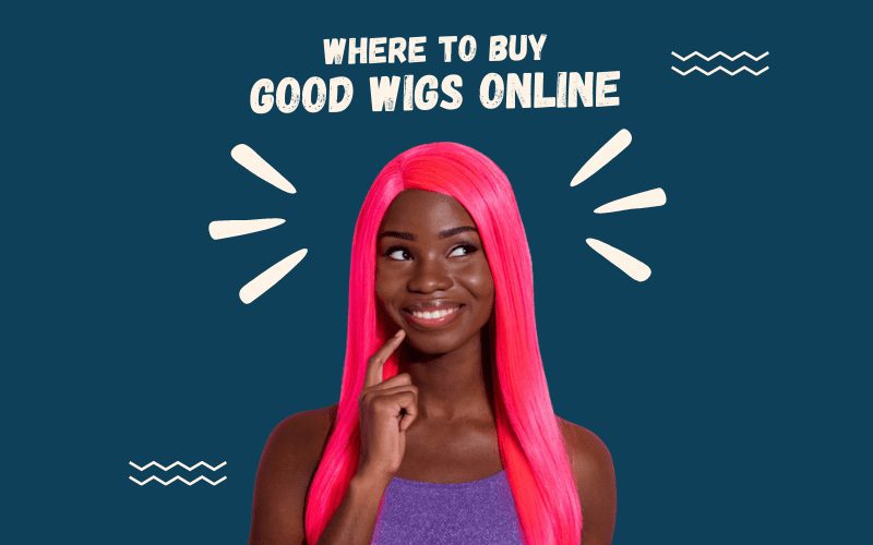 Afbeelding met de titel where to buy good wigs online voorstellende een vrouw met een inktpruik en een paars hemd die zich afvraagt wat de vraag is.