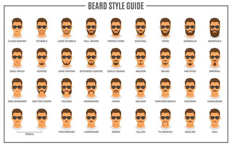 Een hoop verschillende baard en gezichtshaar stijlen weergegeven op een grafiek getiteld Beard Style Guide