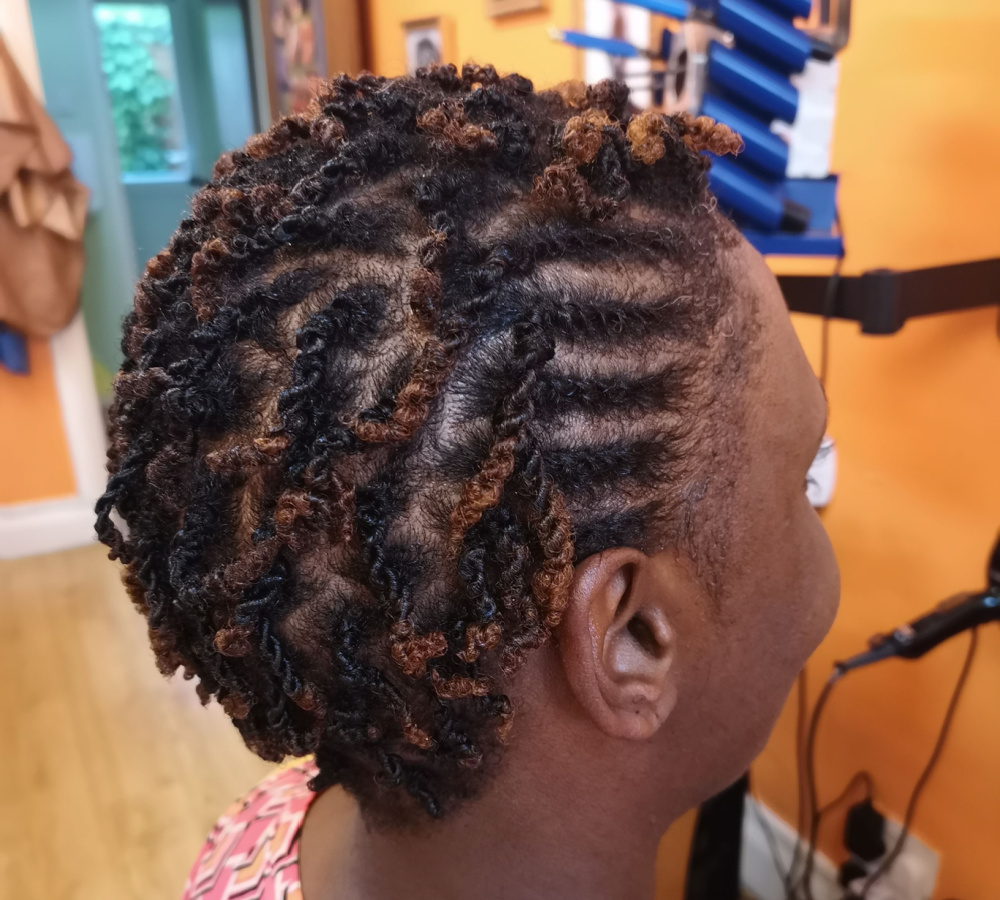 Zwarte vrouw met kinky two strand twists kapsel in kort haar gezien vanaf de achterkant met karamelblonde highlights