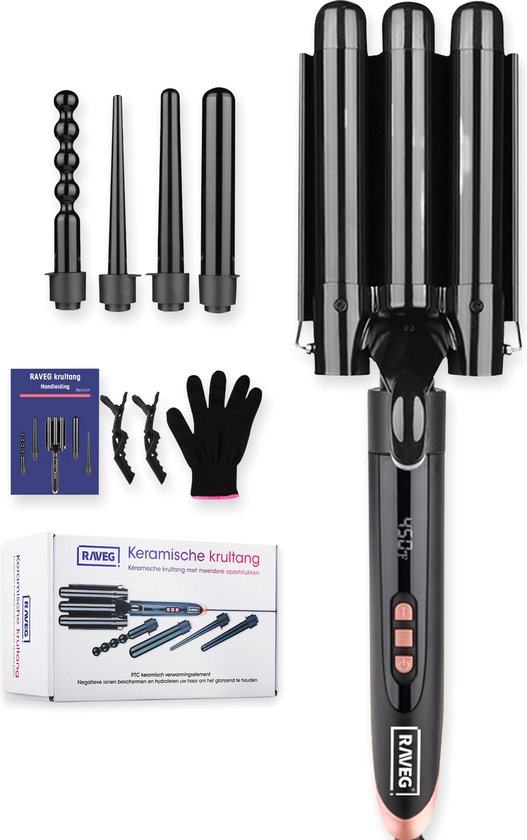 Keramische krultang met opzetstukken Wafeltang Waver Golvenkrultang - Curling Iron - 9 tot 32mm - Meerdere kleuren - RAVEG