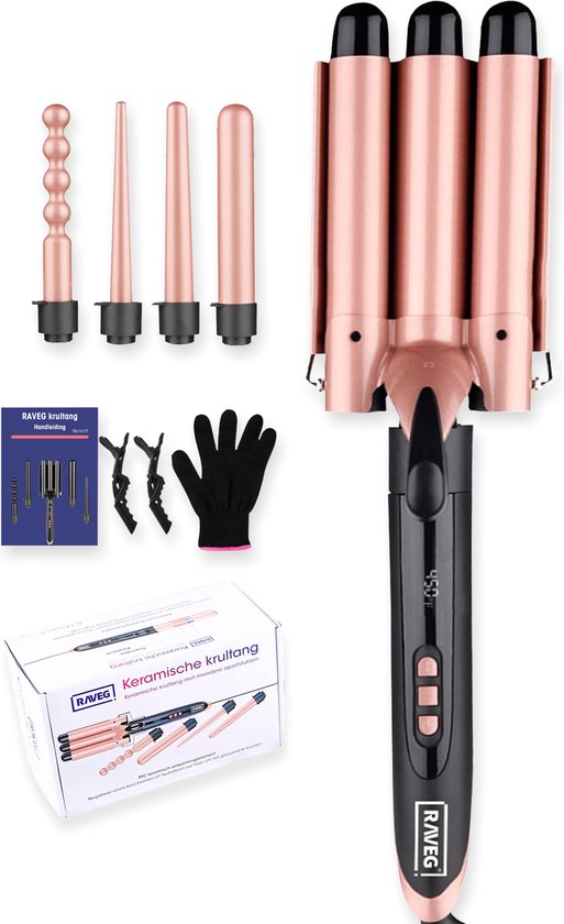 Keramische krultang met opzetstukken Wafeltang Waver Golvenkrultang - Curling Iron - 9 tot 32mm - Meerdere kleuren - RAVEG