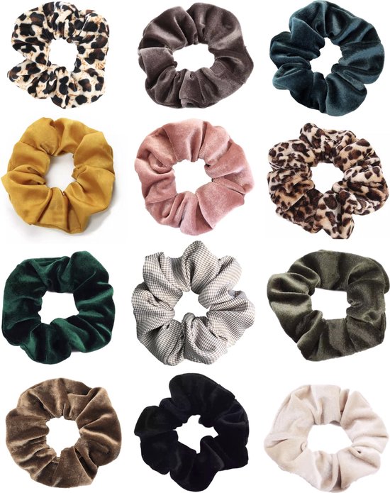 Kraagjeskopen.nl® Scrunchie Velvet Haarelastiek Set - 12 stuks Natural Colors Scrunchies Pack