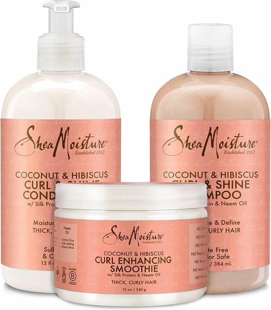 Shea Moisture Coconut & Hibiscus - Shampoo Conditioner & Curl Enhancing Smoothie - Curl & Shine Care Pakket van 3