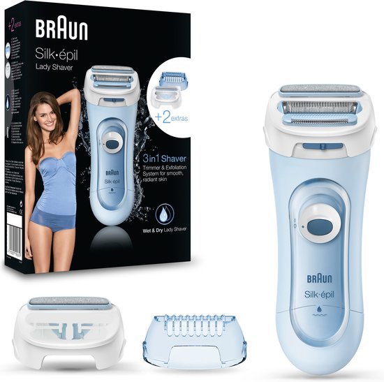 Braun Silk-épil Lady Shaver 5-160 - Bleu - 3en1 Pour Femme - Rasoir Électrique - Tondeuse & Exfoliation