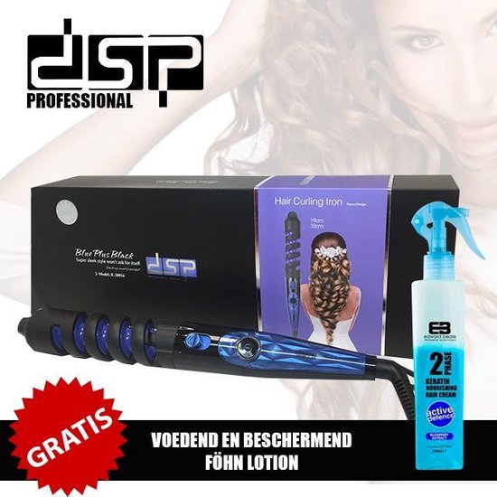DSP Professional Blue Plus black Haar Krultang E-20016 + Voedend En Beschermend Fohn Lotion