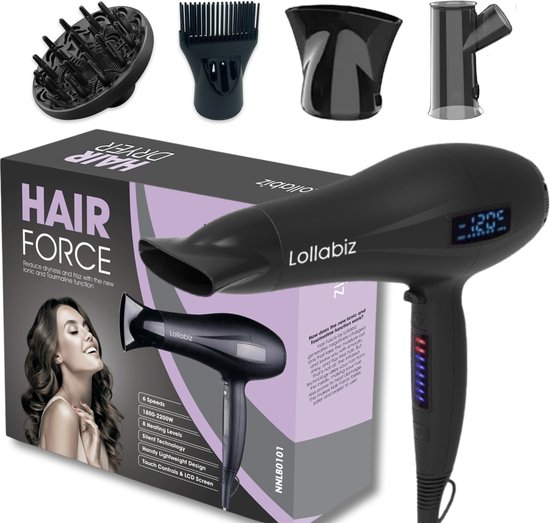 Lollabiz Hair Force Haardroger - HaarHaardroger Krullen - 2200 Watt - Touchscreen - Coolshot - 1.8 Meter Snoer- Zwart
