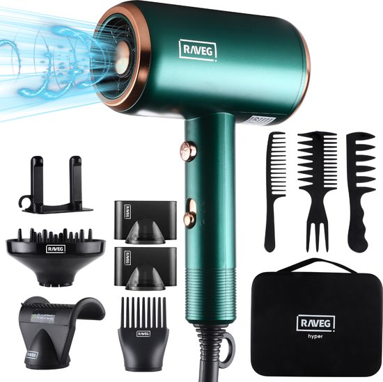 RAVEG Hyper ® Haardroger met Diffuser Ionische Haardroger Krullen - Phthalo/dijon