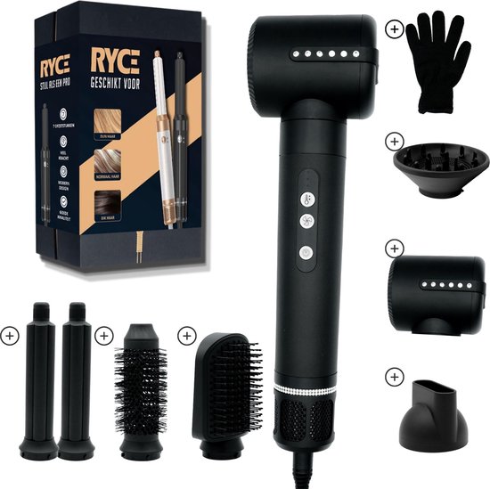 RYCE Multistyler Ultimate - 7 in 1 - met Diffuser - Krultang - Extra krachtig - Föhnborstel - Stijltang - Krulborstel - Automatische krultang - Haardroger met borstel - Zwart